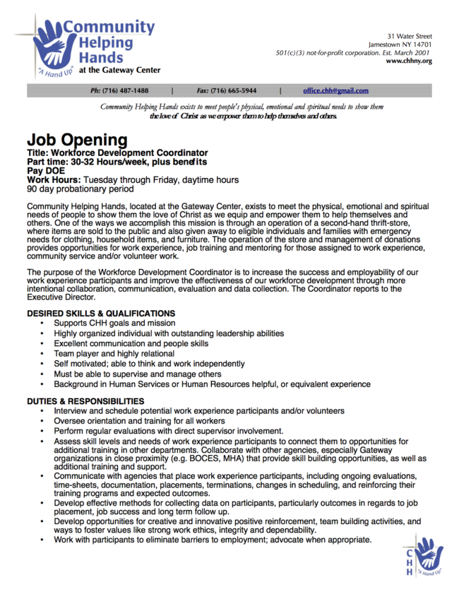 Job Opening CHH Workforce Development Coordinator